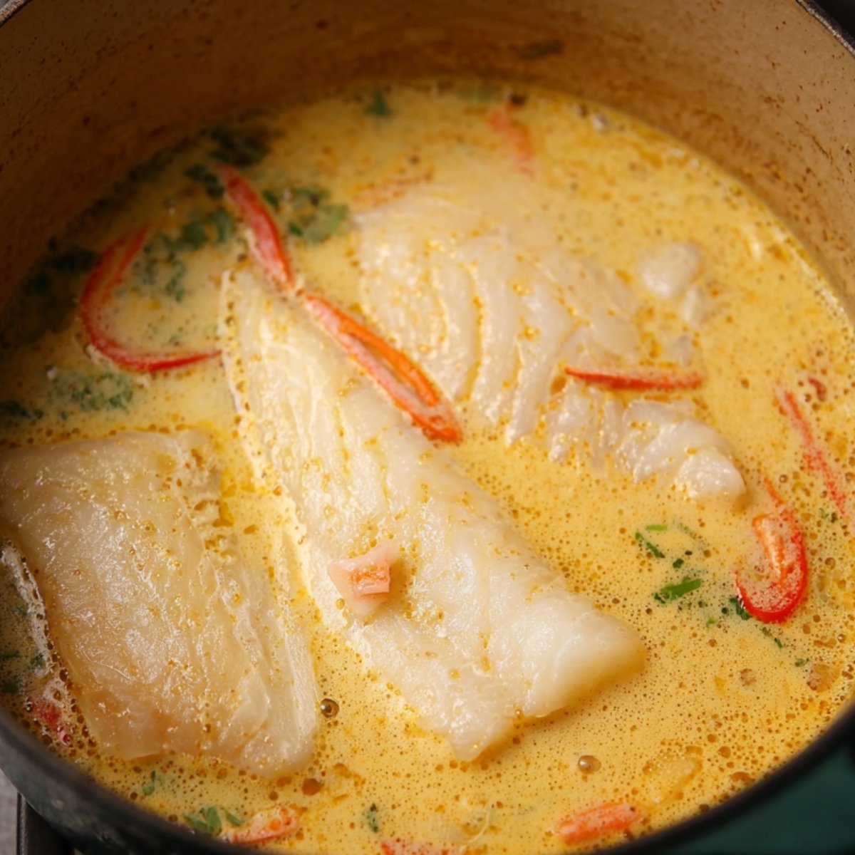 Easy Coconut Lime Fish Soup 11 Fish fillets cooking in a creamy broth with slices of red chili and fresh herbs.
