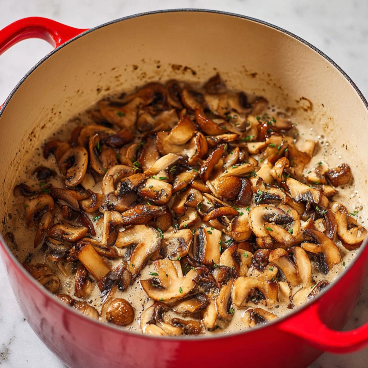 Easy Mushroom Soup Recipe 10 The image shows sautéed mushrooms cooking in a red Dutch oven, with herbs and some creamy sauce.