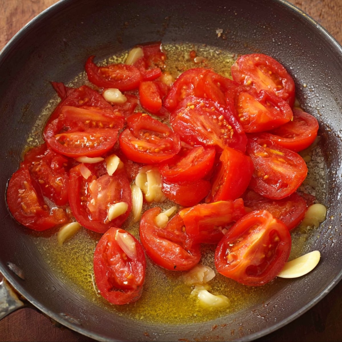 Easy Tomato Egg Stir-Fry 11 tomatoes being sautéed with garlic in a pan.