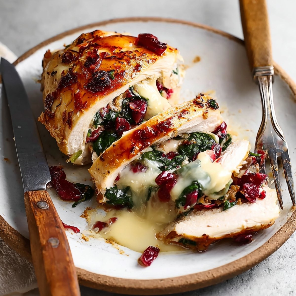 A sliced Cranberry Brie Stuffed Chicken Breasts, with cheese and spinach spilling out.