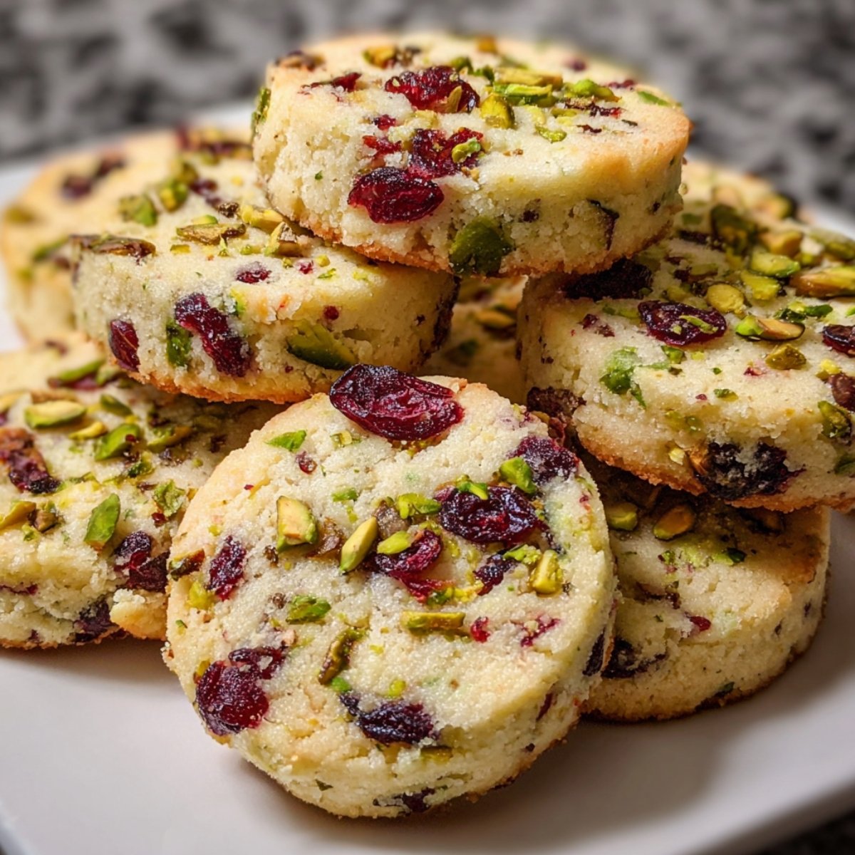 A plate stacked with Cranberry Pistachio Shortbread cookies , showcasing their colorful mix of dried cranberries and green pistachios.
