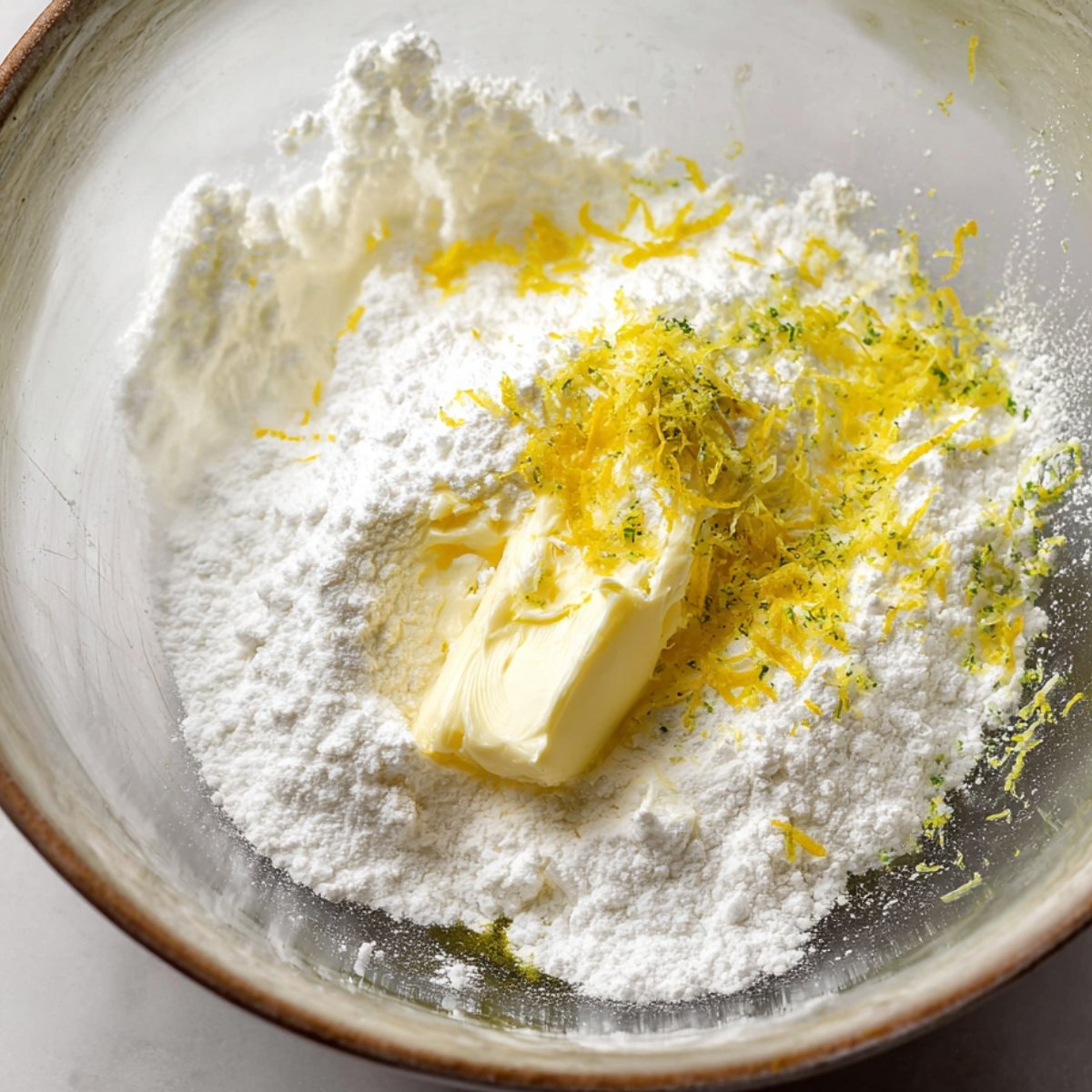 Best Chewy Lemon Sugar Cookies With Fresh Lemon Zest 10 Butter, powdered sugar, and lemon zest in a bowl, ready to be mixed.