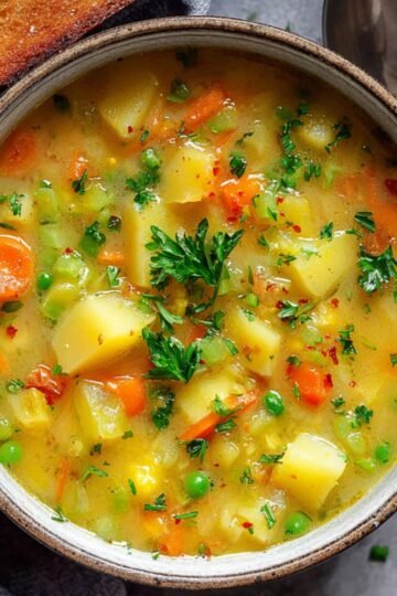 Easy Creamy Vegetable Soup Recipe 24 A bowl of Creamy Vegetable Soup with potatoes, carrots, peas, and parsley, served with toast.