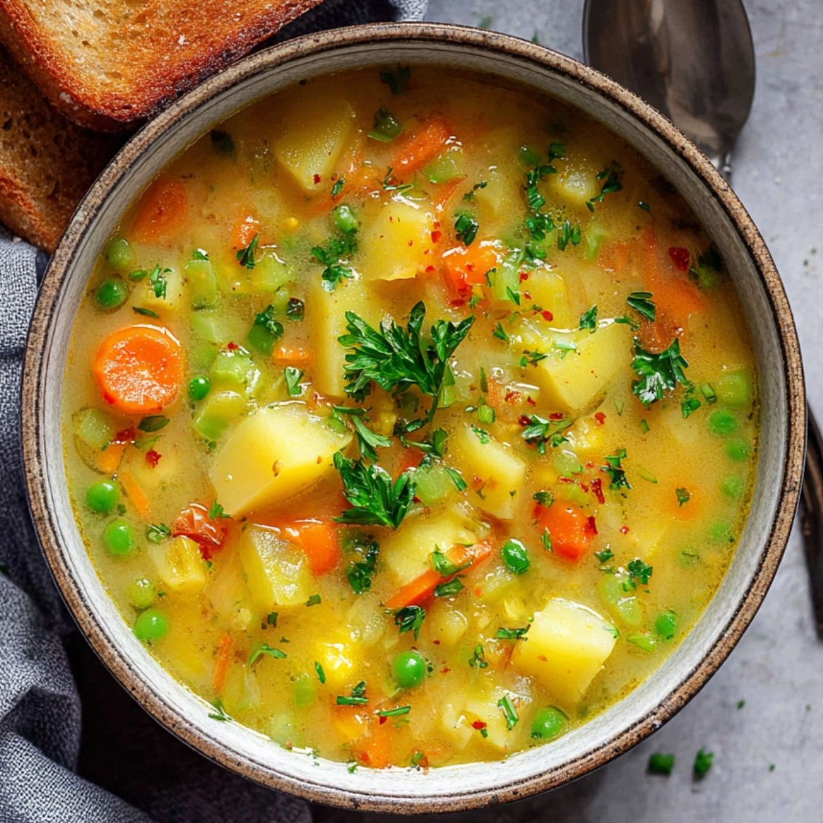A bowl of Creamy Vegetable Soup with potatoes, carrots, peas, and parsley, served with toast.