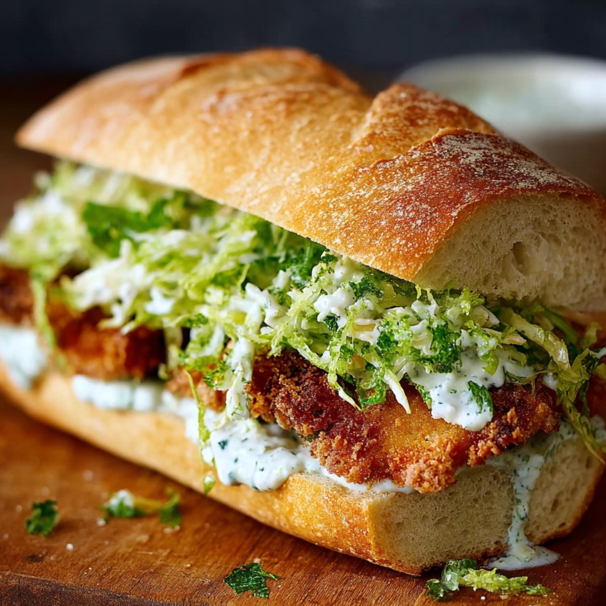 Easy Crispy Chicken Caesar Sandwiches on Brioche Buns 9 The image shows aCrispy Chicken Caesar Sandwiches with shredded lettuce, drizzled with creamy dressing, inside a baguette.