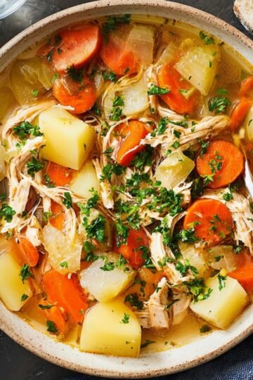 Easy Crock Pot Chicken Stew 8 A bowl of Crock Pot Chicken Stew with potatoes, carrots, and shredded chicken, garnished with parsley.