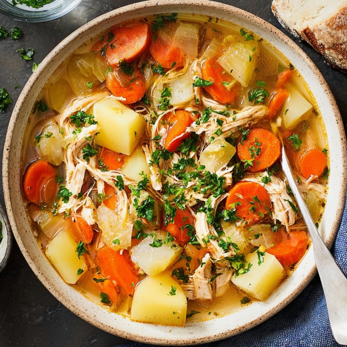 A bowl of Crock Pot Chicken Stew with potatoes, carrots, and shredded chicken, garnished with parsley.