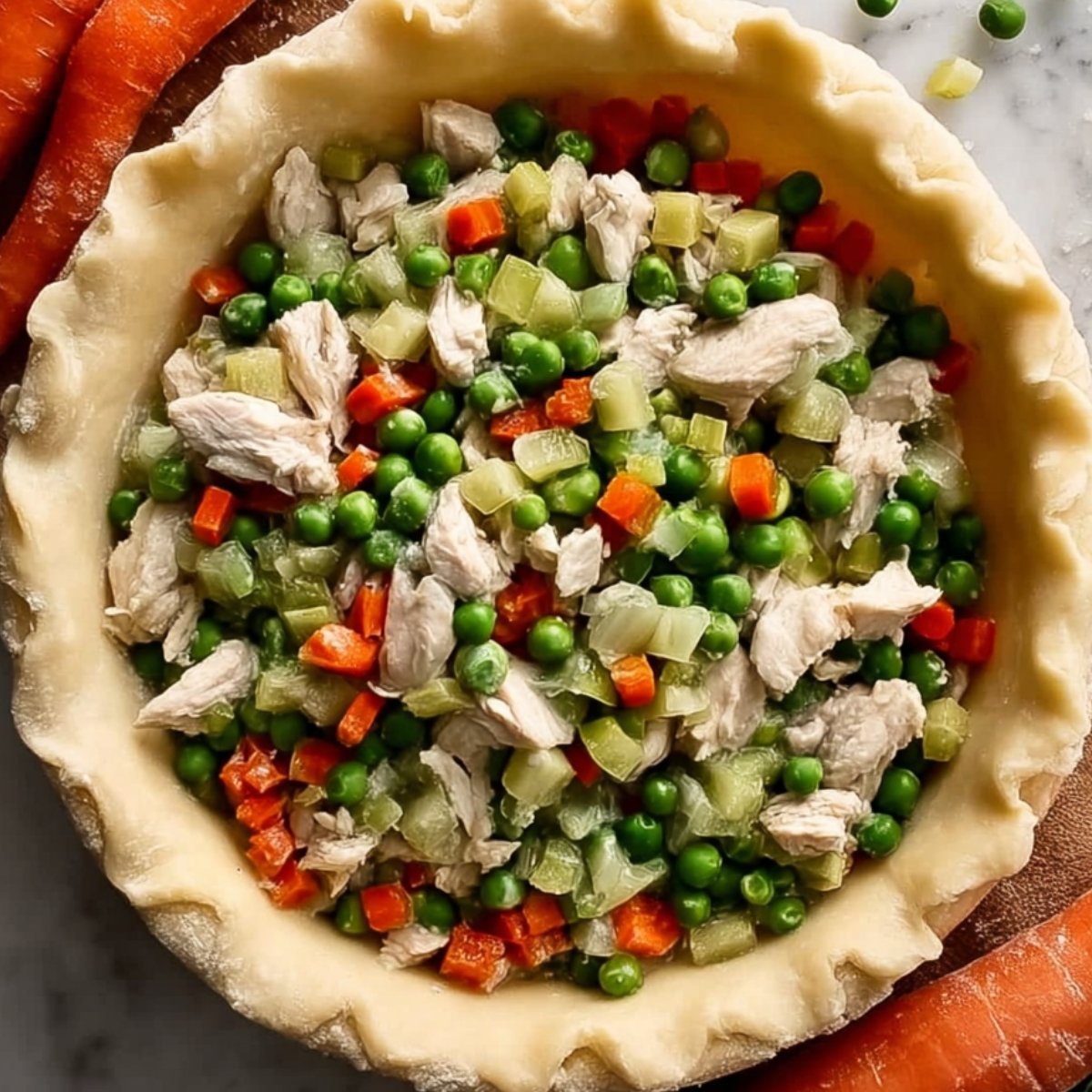 Best Double Crust Chicken Pot Pie 11 Chicken and mixed vegetables filling a pie crust, ready to be baked.