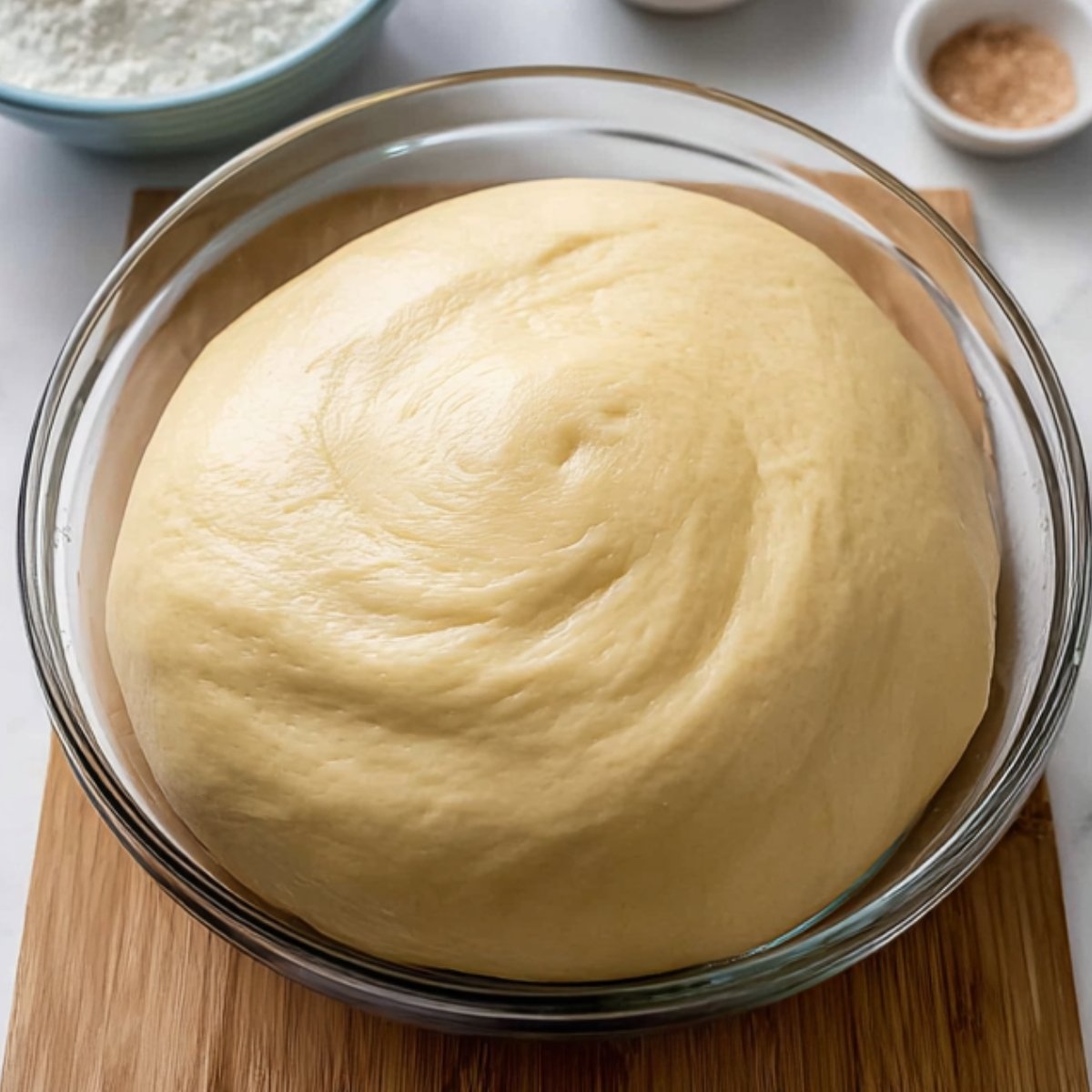 Best Soft Cinnamon Rolls With Cream Cheese Frosting Recipe 10 The image shows a bowl of dough that has risen and is ready for the next step in baking.