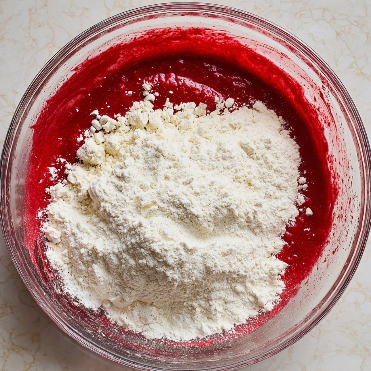 Best Red Velvet Cake Recipe 11 The image shows a close-up of a bowl containing a mixture of red batter with flour being added on top. It looks like the dry ingredients are being folded into the wet ingredients for a baking recipe.