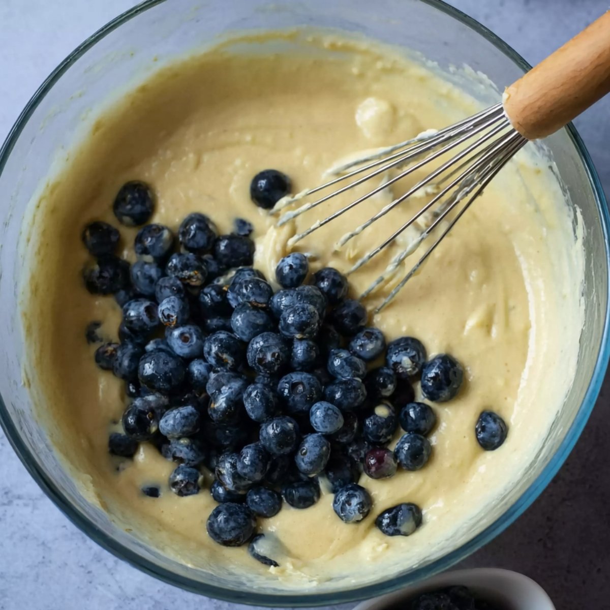Best Banana Blueberry Waffles 11 Fresh blueberries being added to a bowl of batter with a whisk.