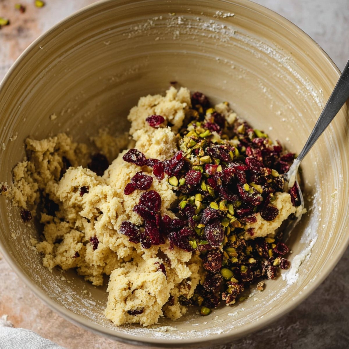 Easy Cranberry Pistachio Shortbread Cookies Recipe 10 Alt text: A mixing bowl with cookie dough and scattered pistachios and cranberries being folded in with a spoon.