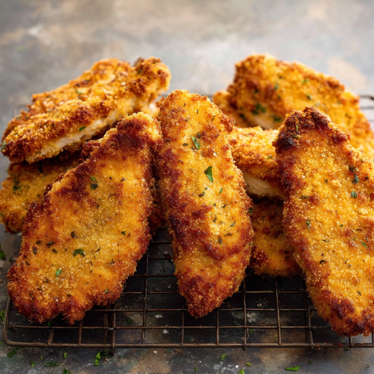 Easy Crispy Chicken Caesar Sandwiches on Brioche Buns 10 The image shows a batch of golden, crispy breaded chicken tenders on a cooling rack.