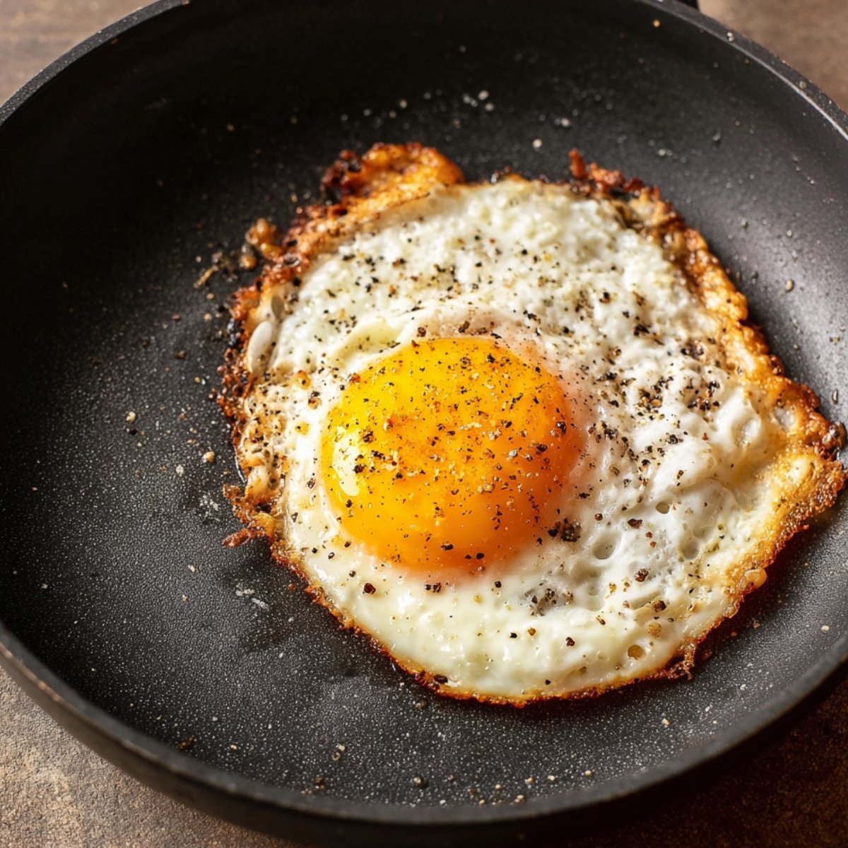 Easy Shakshouka Toast with Feta Fried Eggs Recipe 11 Alt text: A close-up of a fried egg with a golden yolk, seasoned with black pepper, in a frying pan.