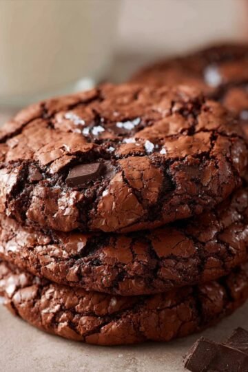 Stack of fudgy brownie cookies with chocolate chunks and sea salt.