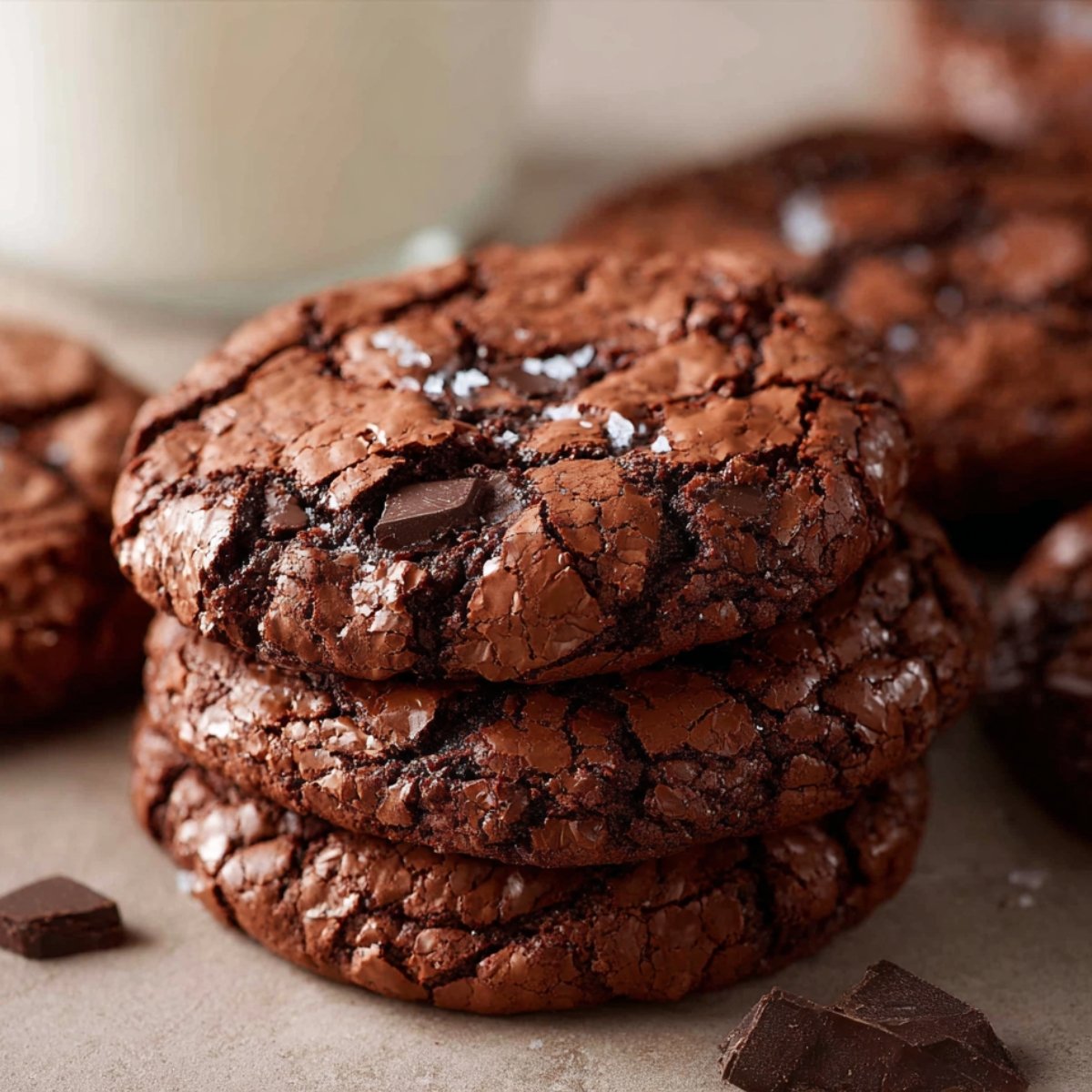 Stack of fudgy brownie cookies with chocolate chunks and sea salt.