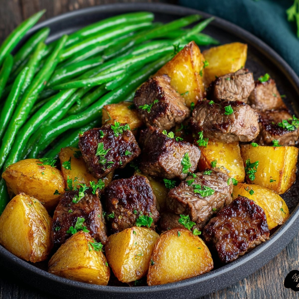 A plate ofGarlic Butter Steak Bites and Potatoes, and green beans, garnished with fresh parsley.