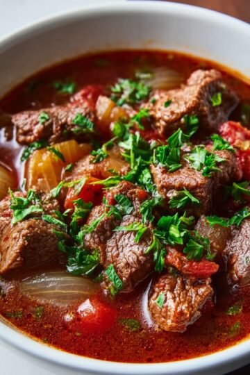 Easy Classic German Goulash Recipe 6 German goulash served with noodles and garnished with parsley.