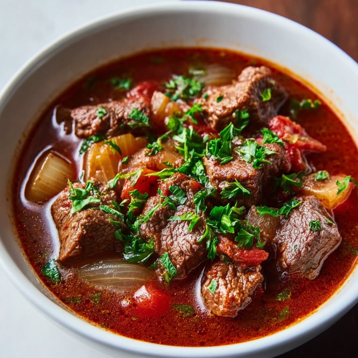 Easy Classic German Goulash Recipe 9 German goulash served with noodles and garnished with parsley.