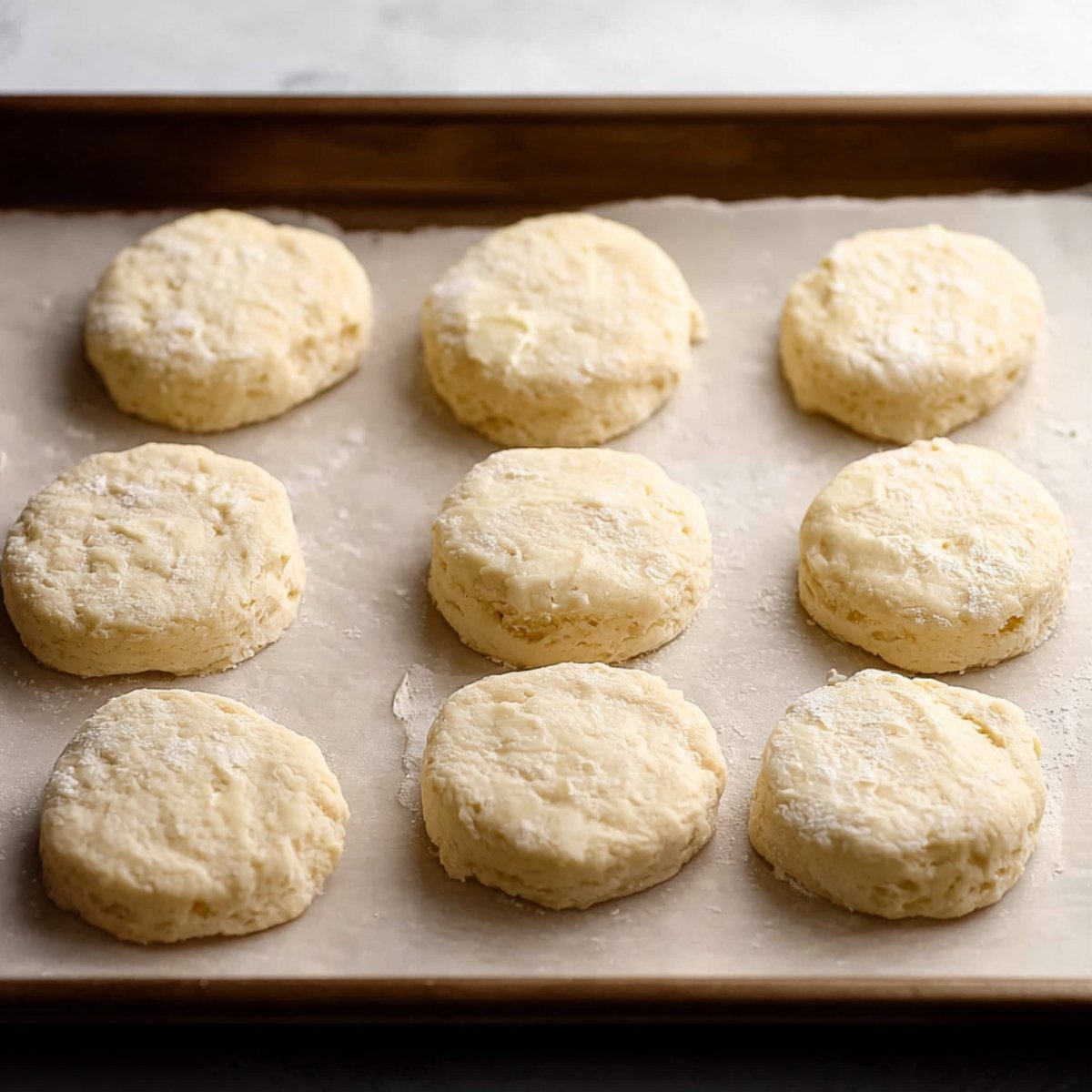 Easy Homemade Biscuits Recipe 11 Unbaked biscuit dough rounds arranged on a parchment-lined baking sheet.