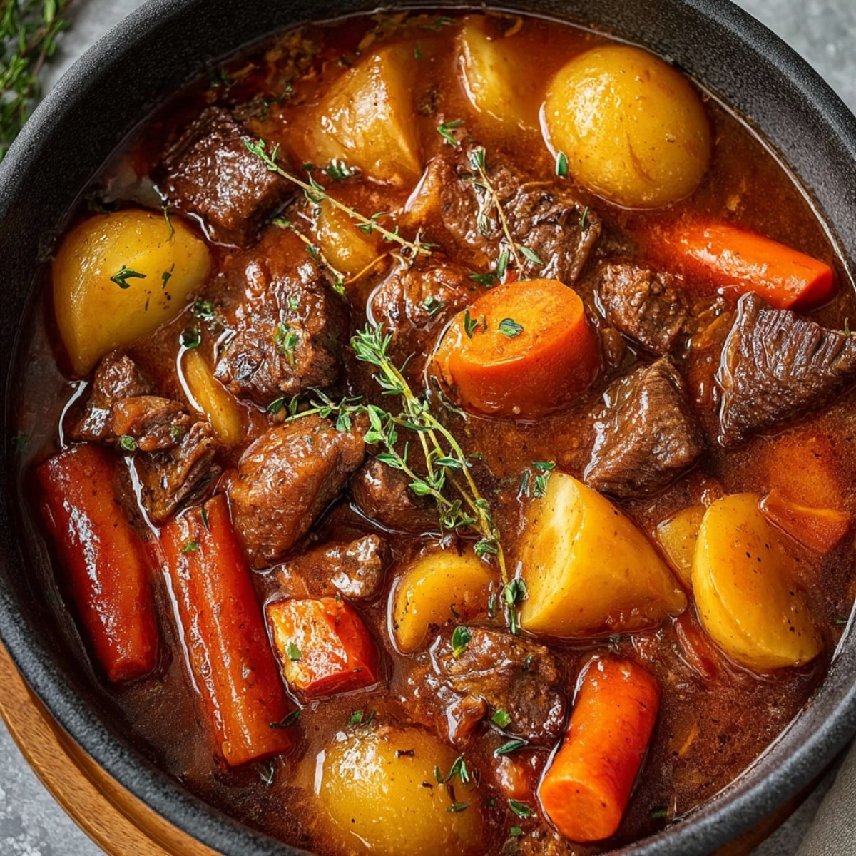 This image shows a bowl of Homemade Beef Stew with tender beef, carrots, potatoes, and fresh thyme in a savory broth.