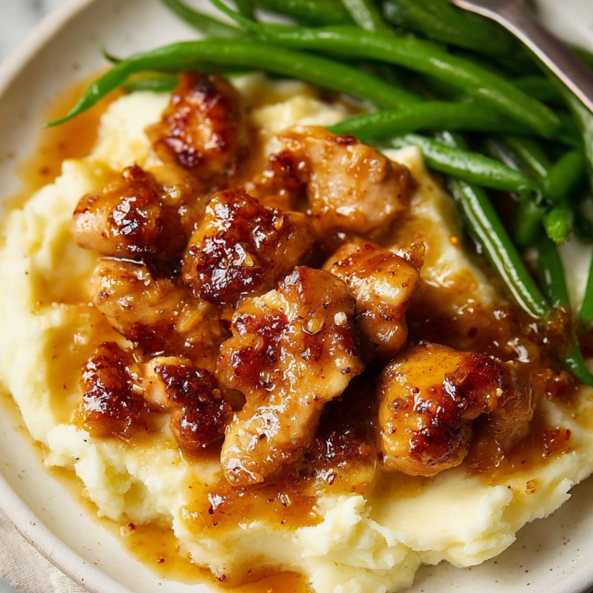 Plate of honey butter chicken served with mashed potatoes and green beans