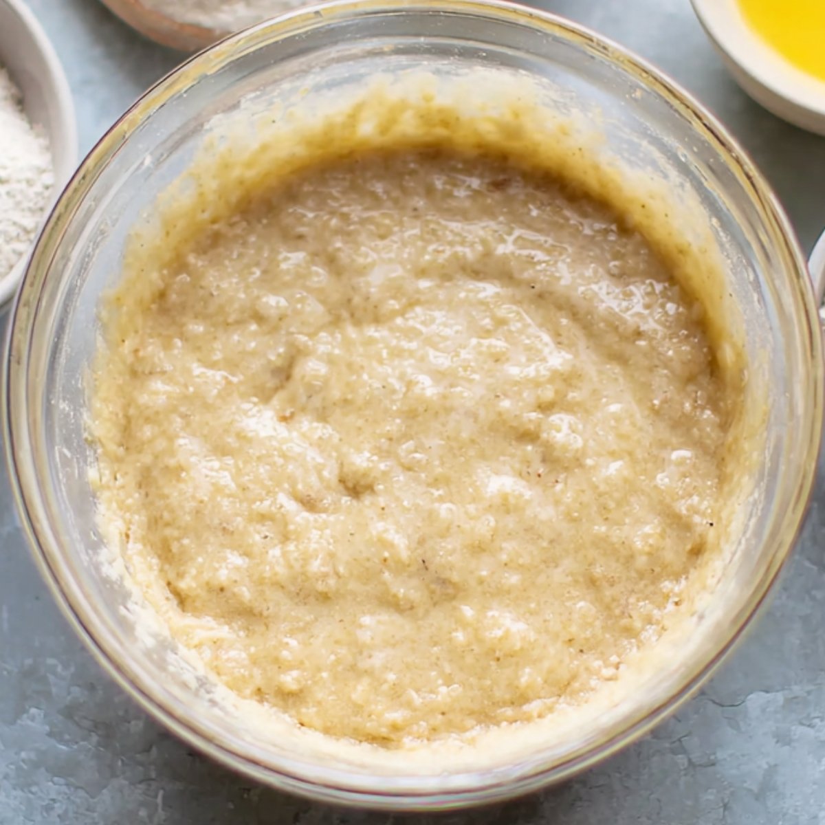 Best Classic Banana Bread Recipe 10 Banana bread batter mixed in a glass bowl.