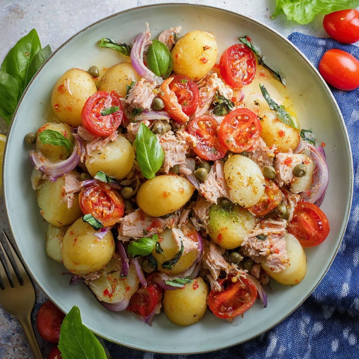 Italian tuna salad with potatoes, tomatoes, capers, red onions, and fresh basil.