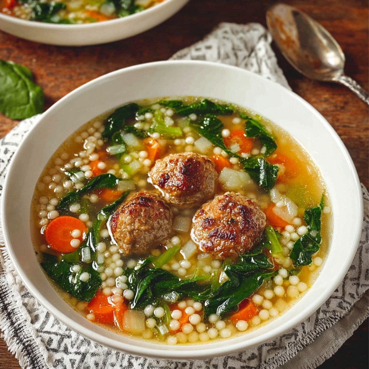 A bowl of Italian Wedding Soup with meatballs, spinach, carrots, celery, and pearl couscous in a flavorful broth.