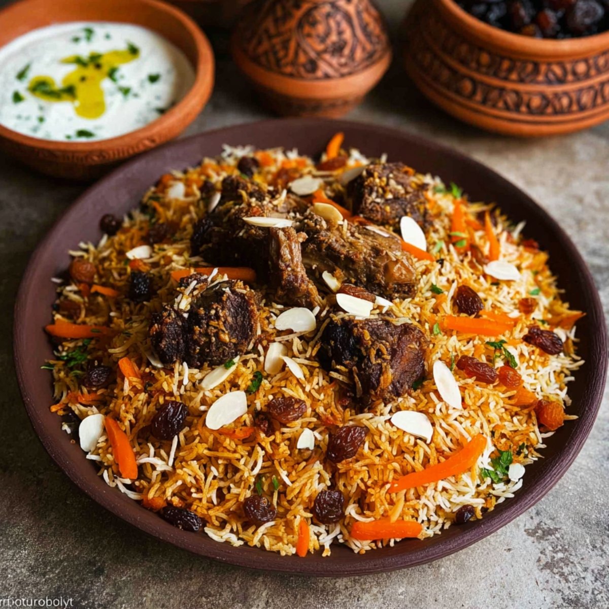 A serving of Kabuli Pulao with tender lamb, rice, raisins, carrots, and almonds, served on a traditional clay plate with a side of yogurt.
