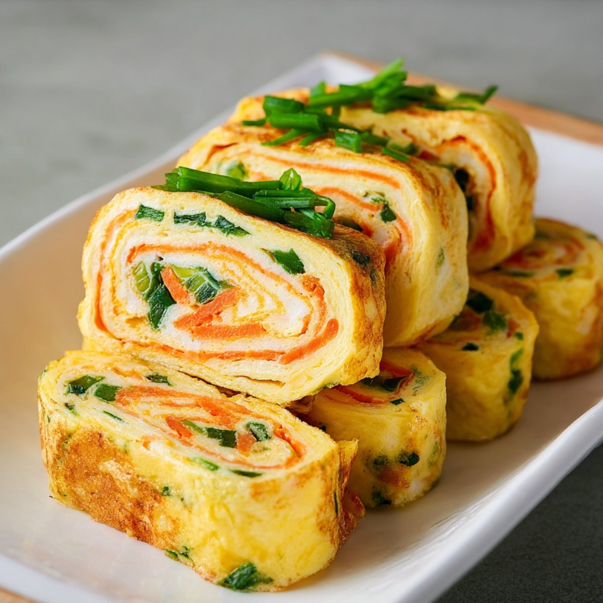 A plate of sliced Korean Rolled Omelette with vegetables inside.