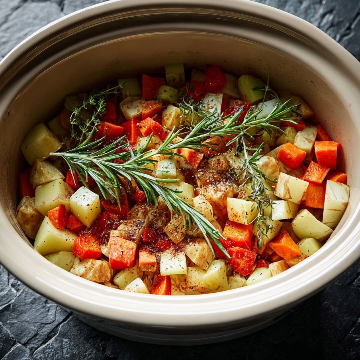 Easy Crock Pot Chicken Stew 10 A slow cooker filled with diced potatoes, carrots, and fresh herbs.