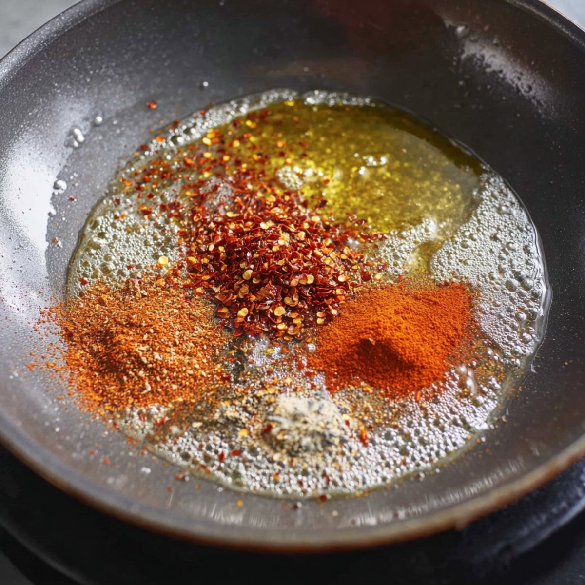 Best Turkish Eggs Recipe 11 Spices including red chili flakes, paprika, and other seasonings in melted butter, sizzling in a pan.