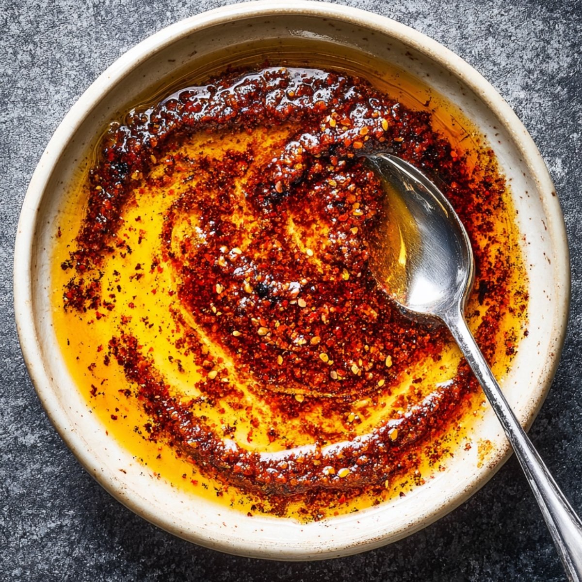 Easy Turkish Ezme Recipe 10 A bowl of spicy olive oil dressing with red pepper flakes.