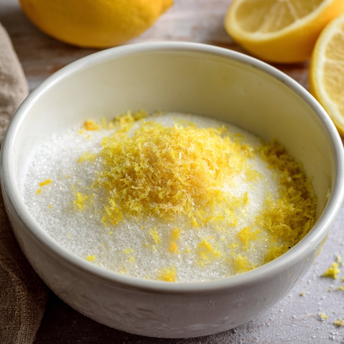 Best Chewy Lemon Sugar Cookies With Fresh Lemon Zest 11 Lemon zest mixed with sugar in a bowl, with whole lemons in the background