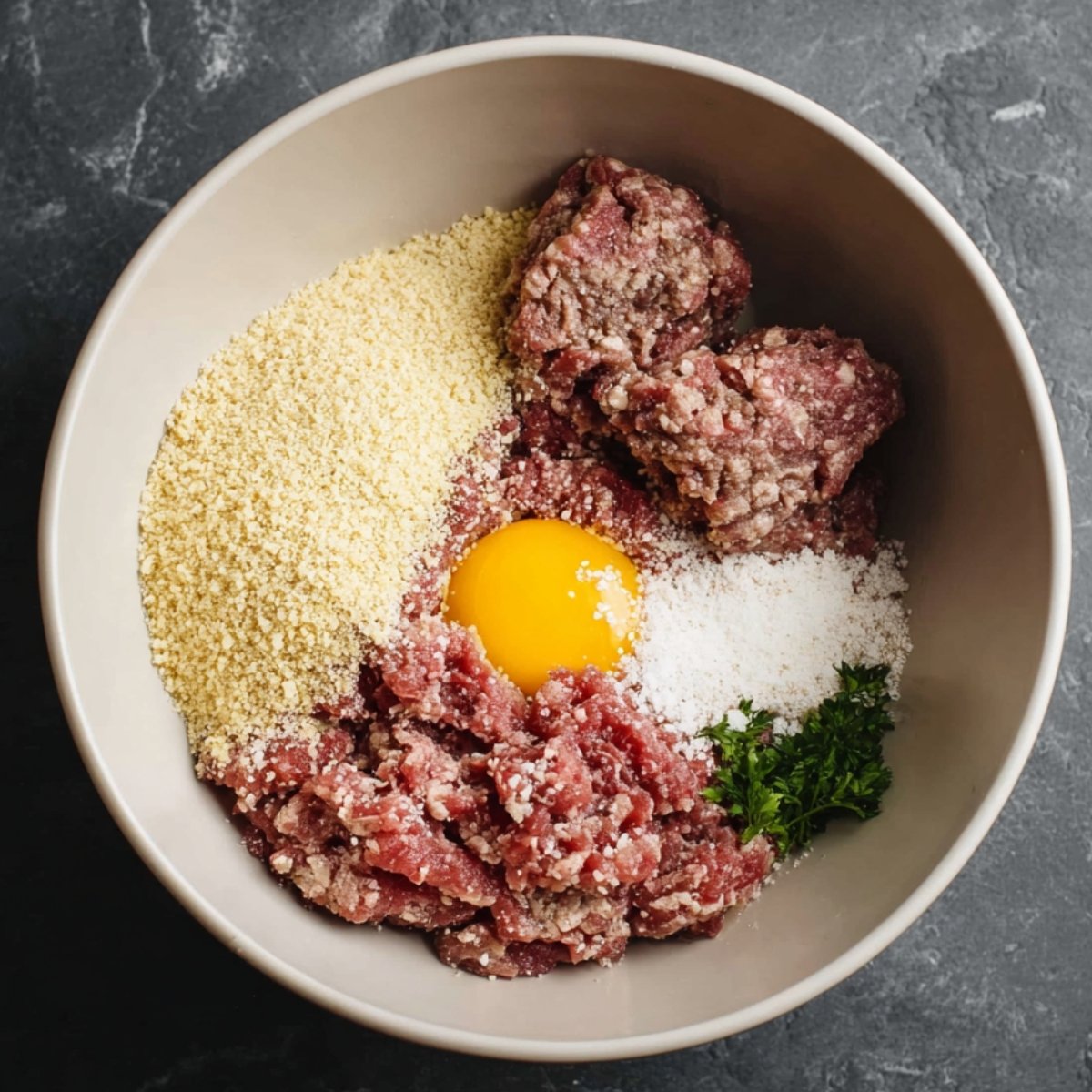 Easy Italian Wedding Soup Recipe 10 A bowl of ingredients for meatballs, including ground beef, breadcrumbs, egg, salt, and fresh parsley.