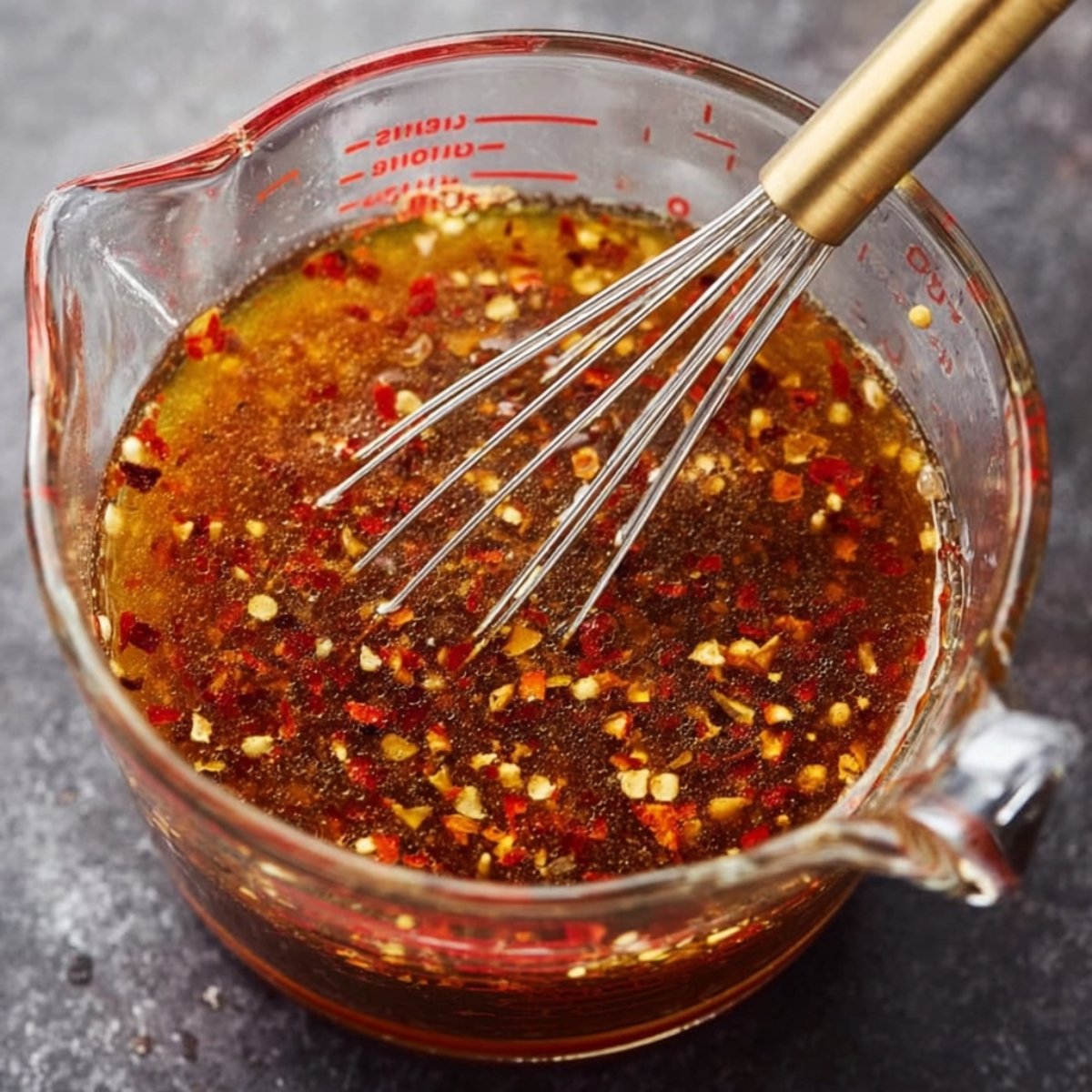 Easy Beef and Vegetable Stir Fry Recipe 10 The image shows a whisked sauce in a measuring cup, with chili flakes and other seasonings.