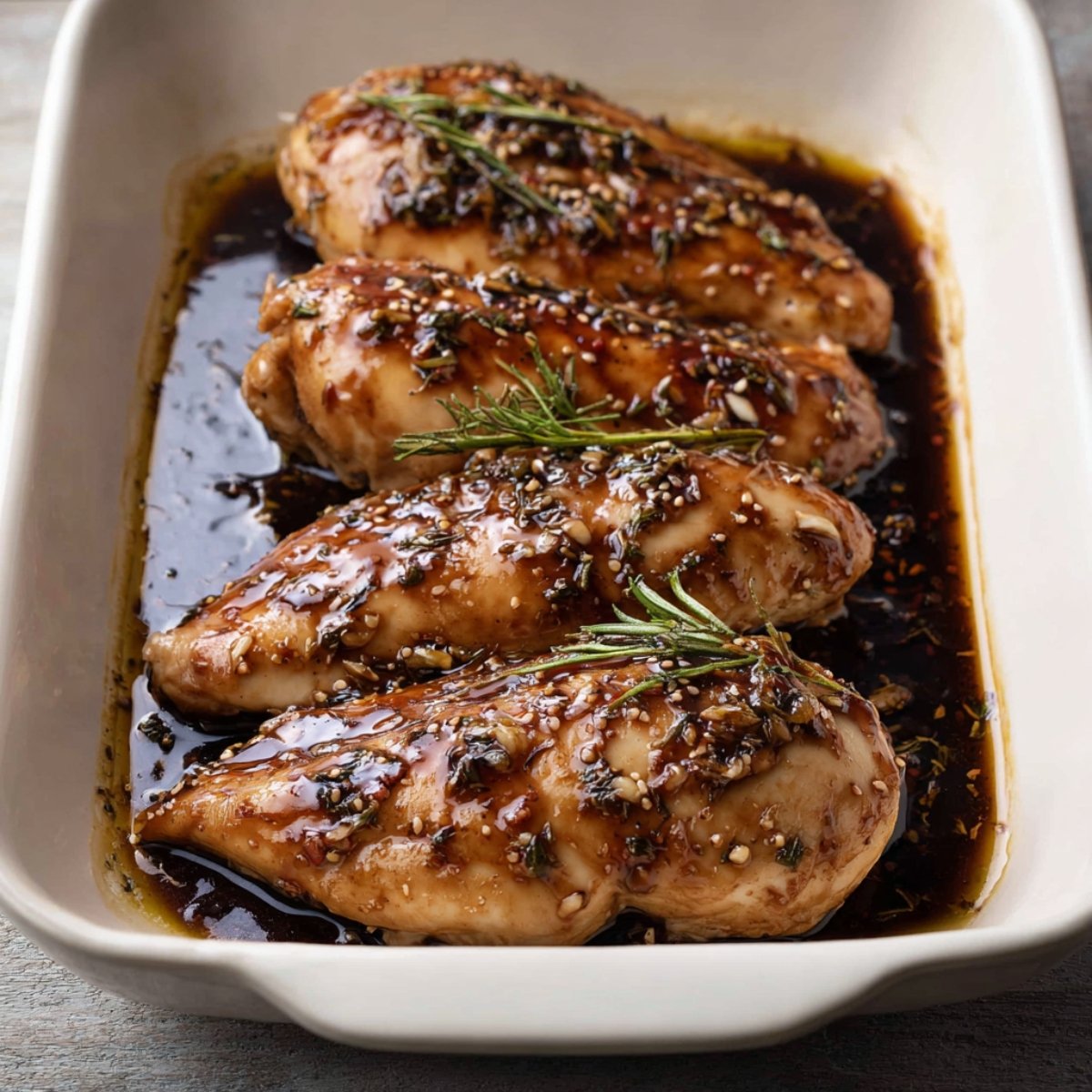 Easy Balsamic Chicken Recipe 10 Marinated chicken breasts with rosemary in a baking dish.