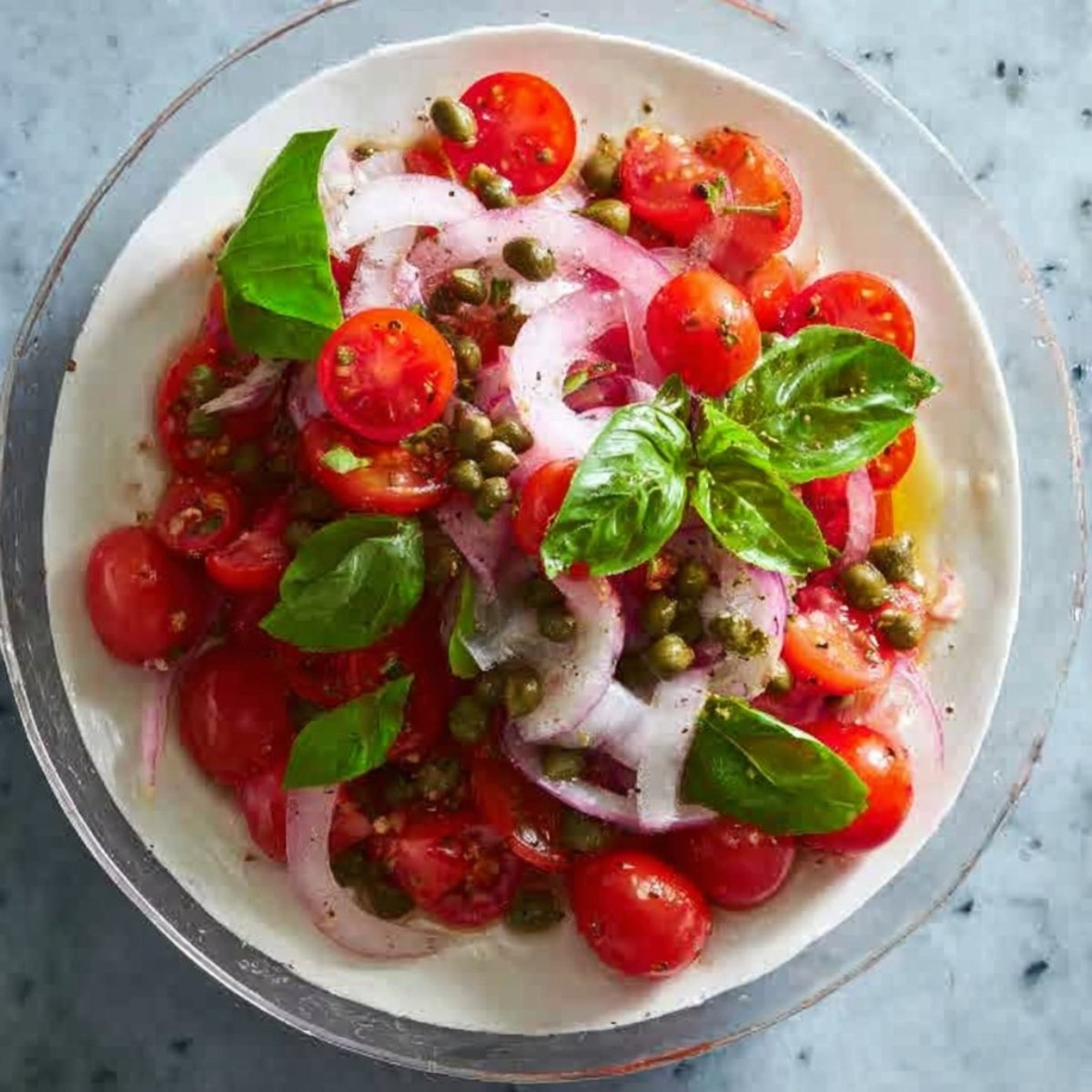 Easy Italian Tuna Salad 11 fresh tomato salad with red onion, capers, and basil.