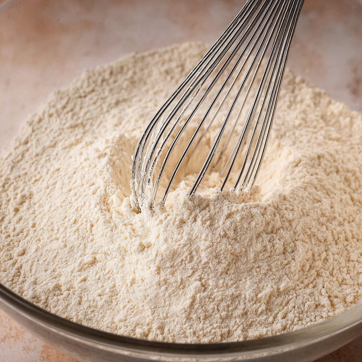 Best Chocolate Strawberry Cake Recipe 10 Whisking flour in a glass bowl, with a close-up focus on the dry ingredients.