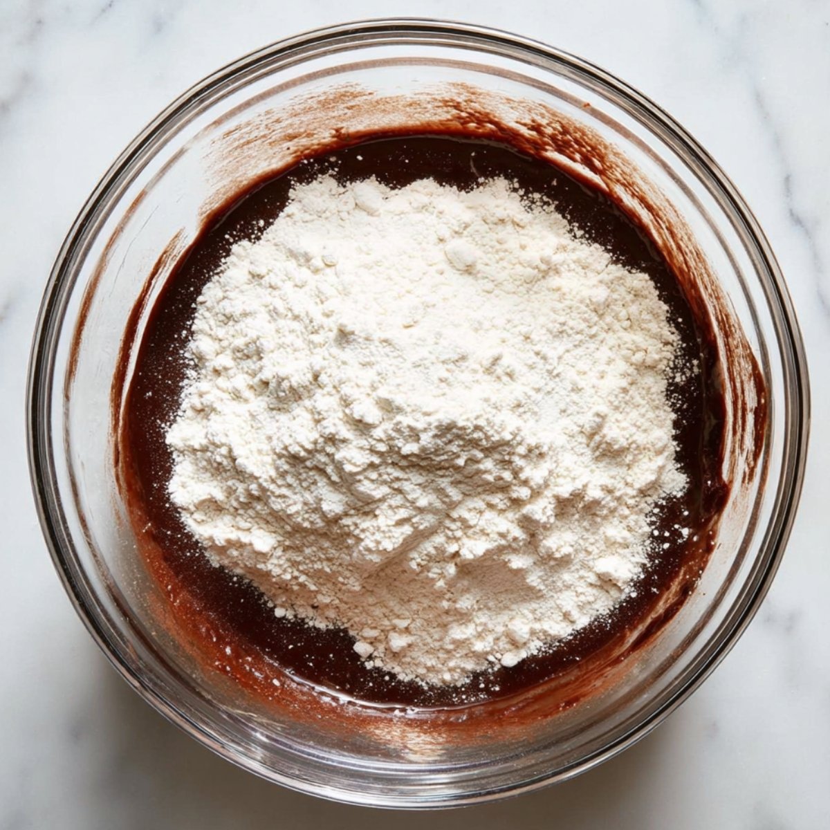 Best Chocolate Crinkle Cookies 11 A bowl of cookie batter with flour added on top.