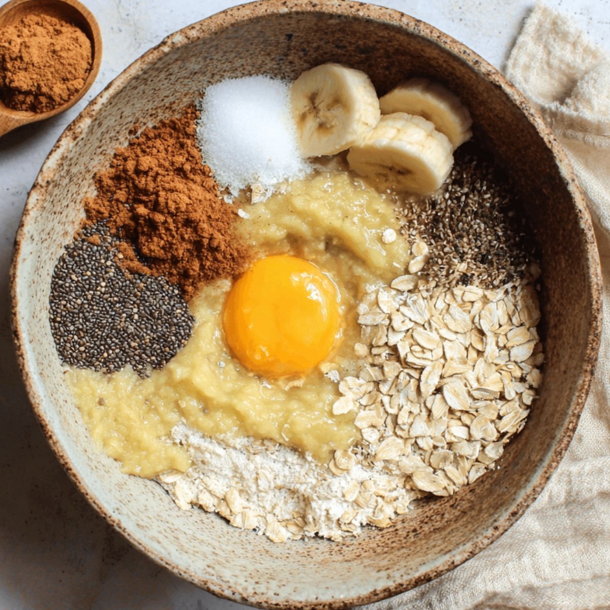 Easy Scrambled Oats Recipe 10 The image shows a bowl with mashed bananas, an egg, oats, spices, chia seeds, and flour, ready to be mixed for a recipe.