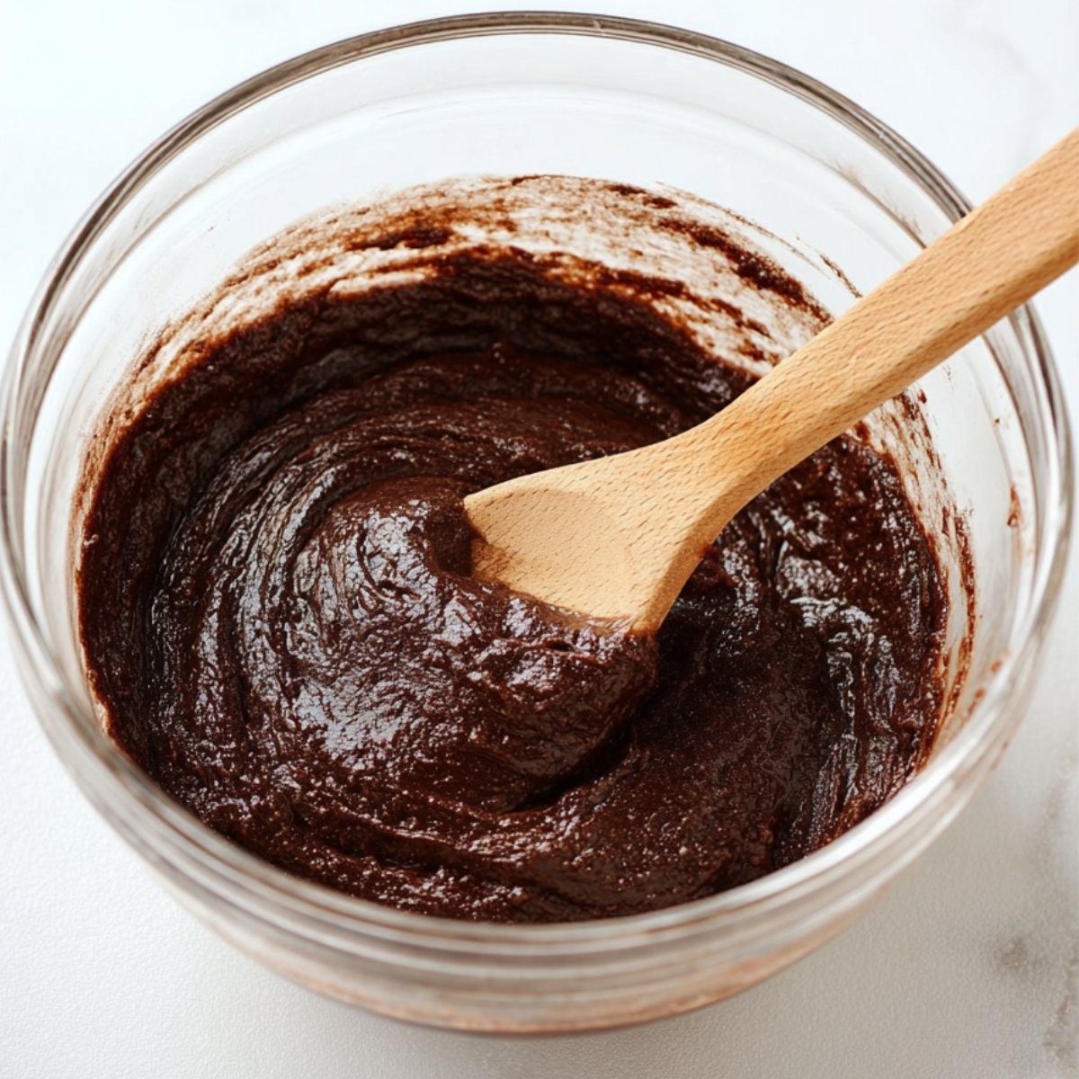 Best Chocolate Crinkle Cookies 10 Mixed chocolate batter in a bowl with a wooden spoon.