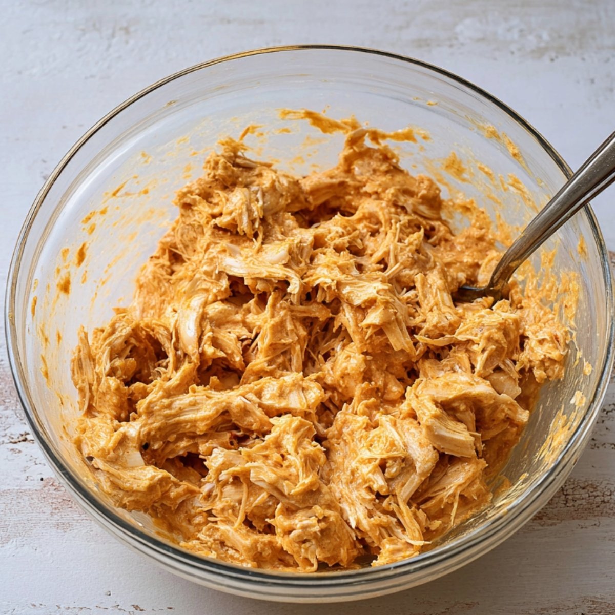 Easy Buffalo Chicken Sliders with Hawaiian Rolls Recipe 10 A bowl of shredded chicken mixed with buffalo sauce, ready for use in a recipe.
