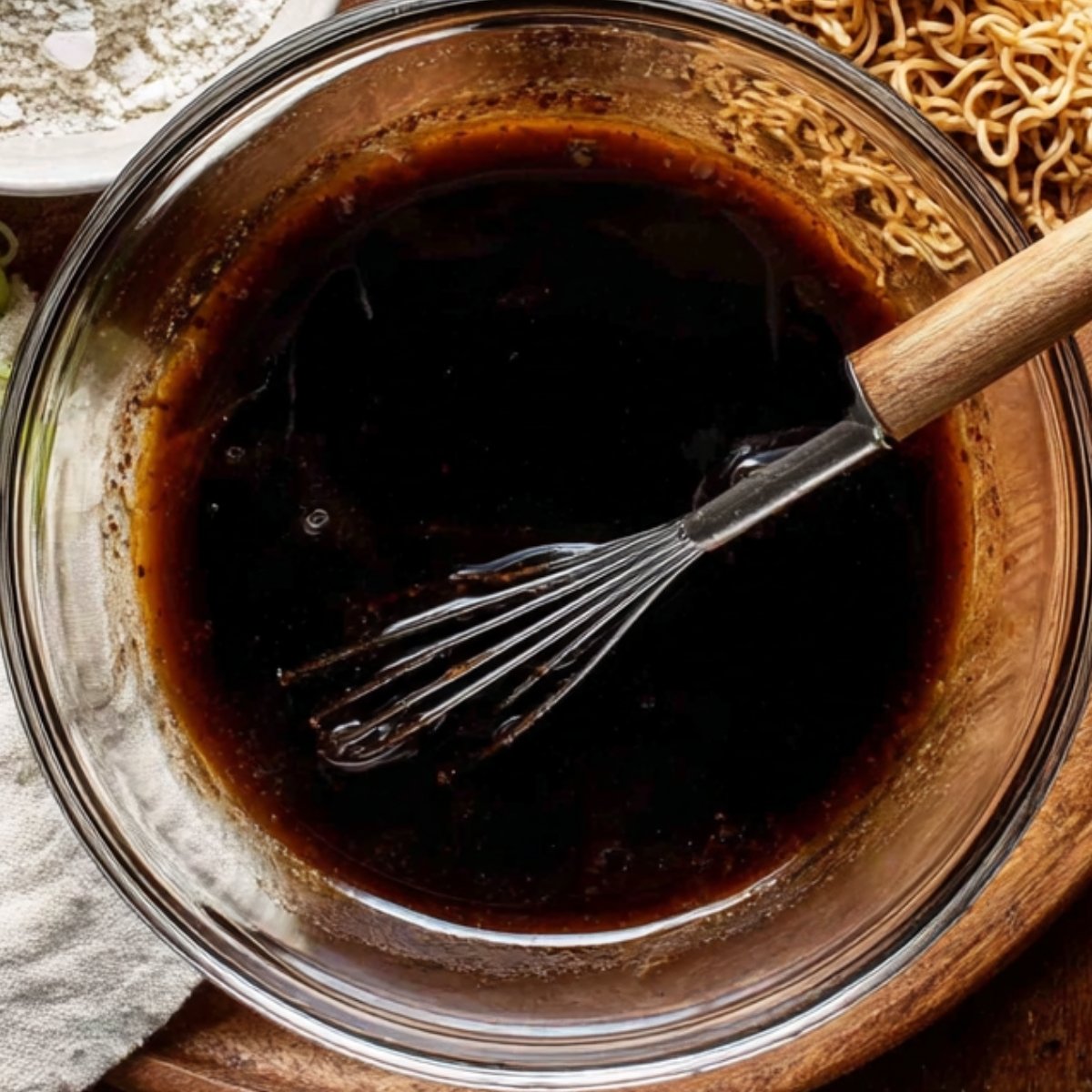 Easy Mongolian Ground Beef Noodles Better Than Takeout 10 The image shows a bowl of dark sauce being whisked, possibly for a marinade or dressing.