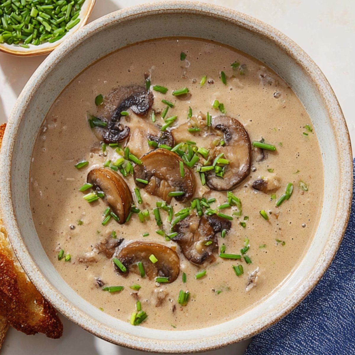 This image shows a creamy Mushroom Soup garnished with fresh chives, accompanied by toasted bread.