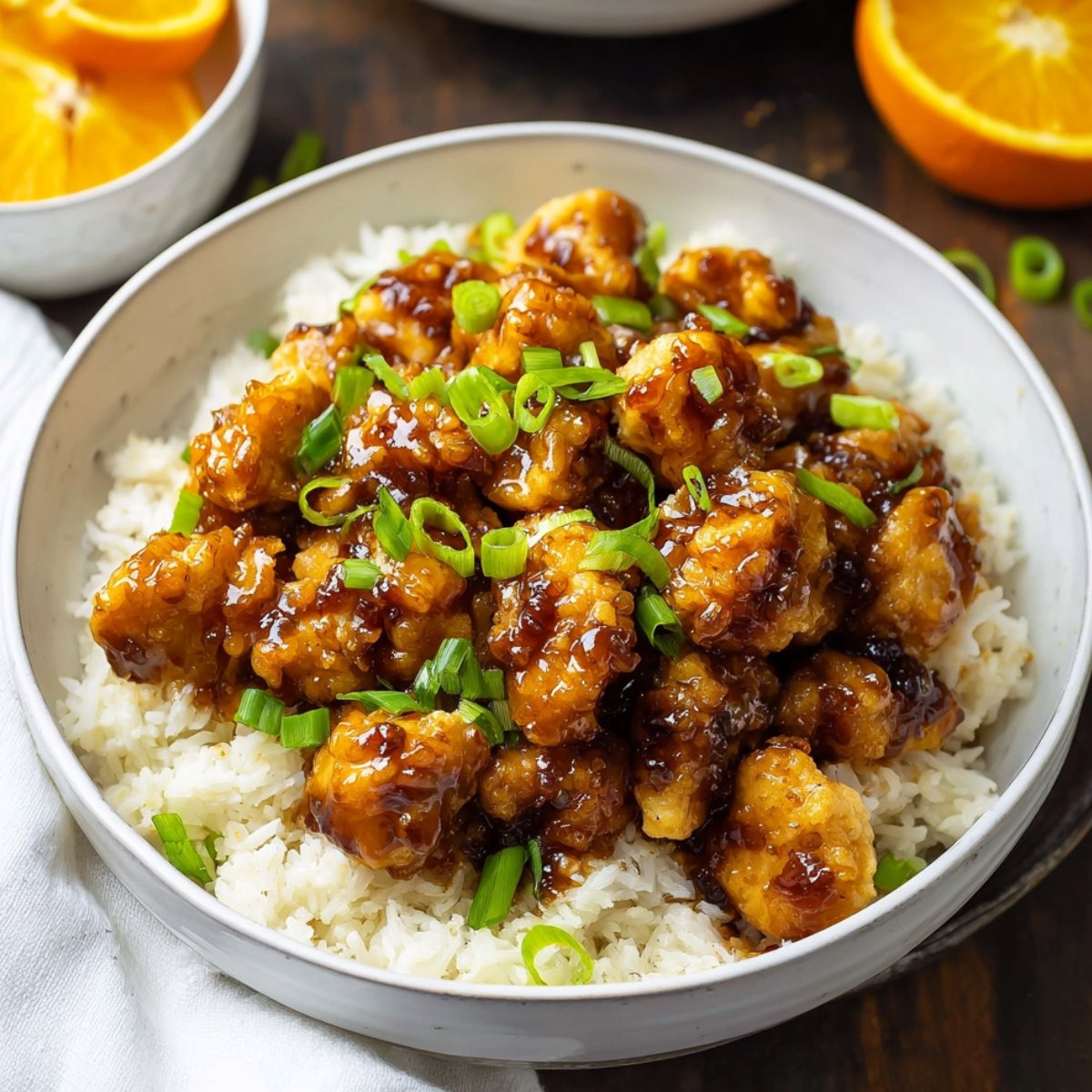 A bowl of Orange Chicken over white rice, garnished with chopped green onions.