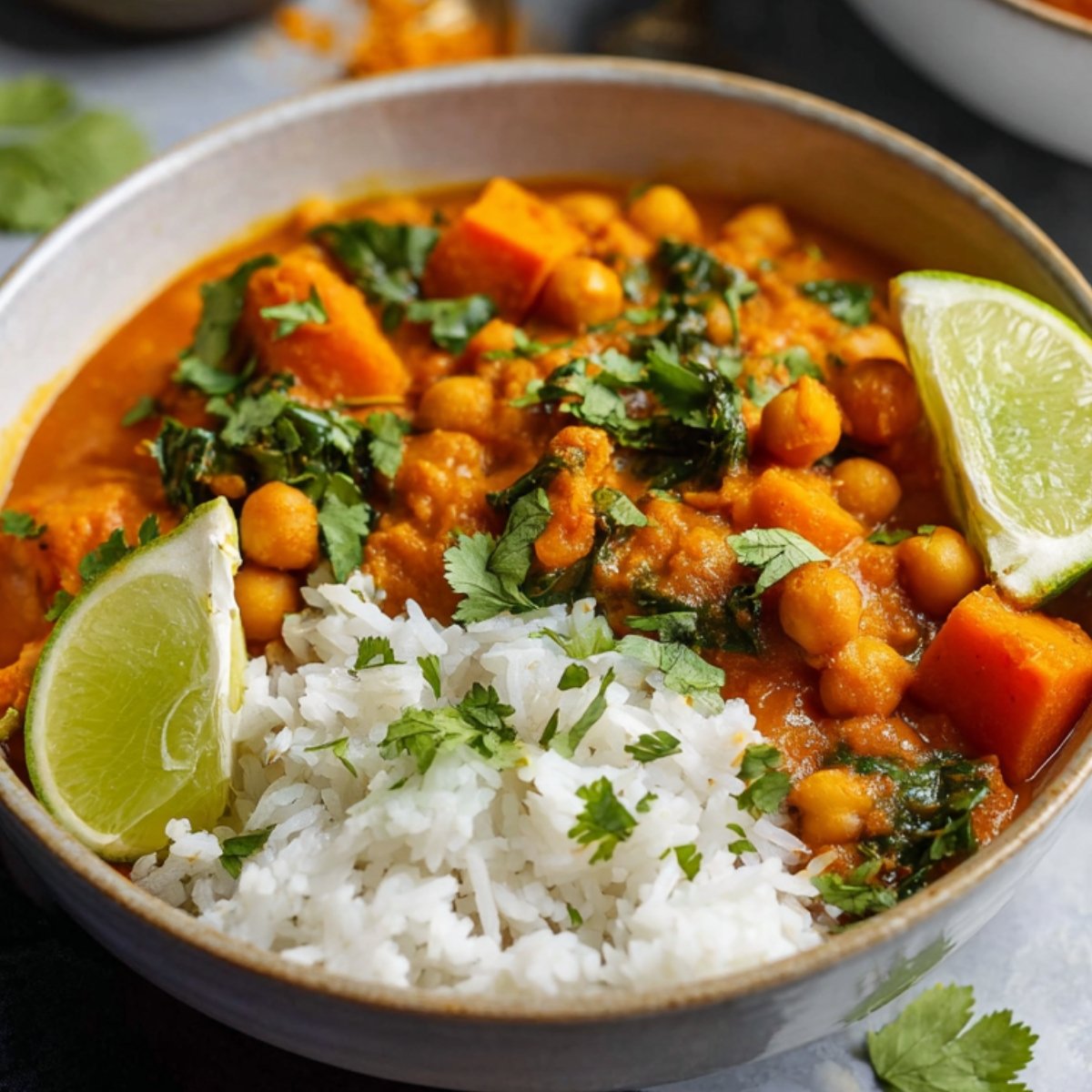 A bowl of potato curry with chickpeas, topped with fresh cilantro and served with rice and lime wedges.