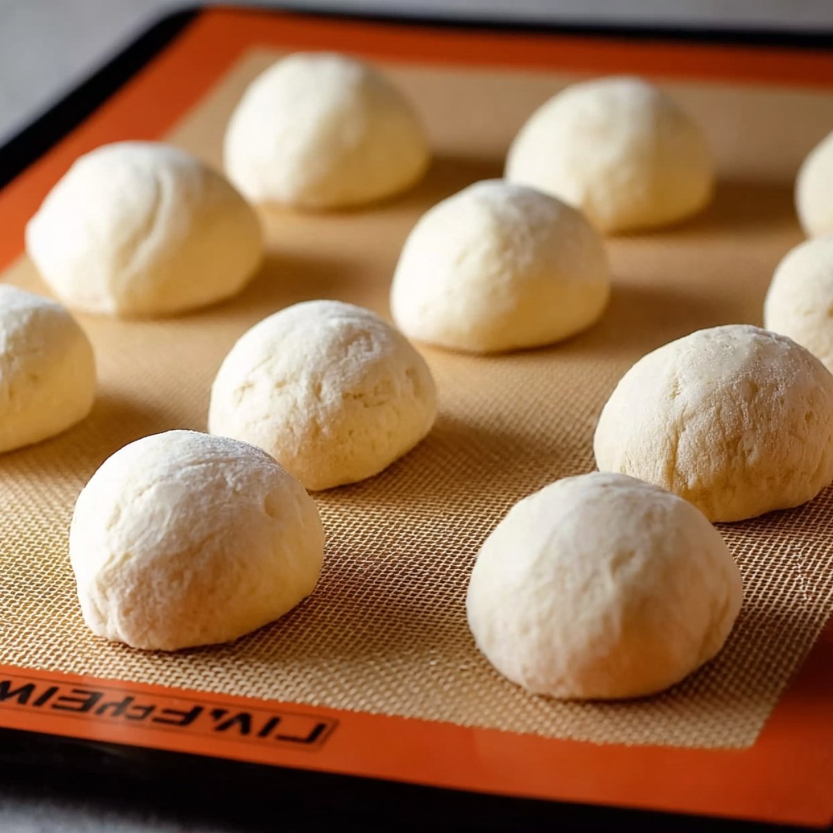 Easy Cinnamon Sugar Soft Pretzels Recipe from Scratch 11 Dough balls placed on a baking sheet, ready for baking.