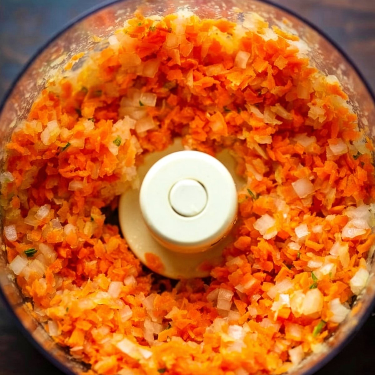 Easy Authentic Pappardelle Bolognese Recipe 10 A food processor containing finely chopped carrots, onions, and herbs, ready to be used for soffritto.